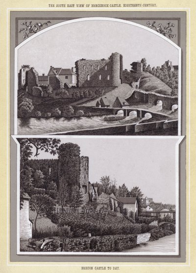 Het Zuidoostelijke uitzicht van Brecknock Kasteel, achttiende eeuw; Brecon Kasteel vandaag door English School