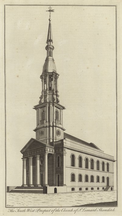 Het zuidwestelijke aanzicht van de kerk van St Leonard, Shoreditch door English School