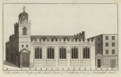 Het zuidwestelijke aanzicht van de parochiekerk van St Catherine Cree in Leadenhall Street, Londen door English School