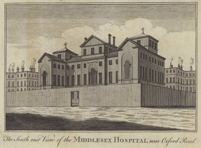 Het zuidoostelijke uitzicht van het Middlesex Hospital nabij Oxford Road, Londen door English School