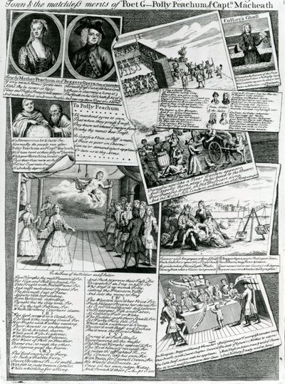 Het toneelmedley dat de beleefde smaak van de stad en de onovertroffen verdiensten van dichter G., Polly Peachum en kapitein Macheath vertegenwoordigt, ca.1728 door English School