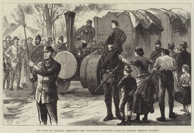 De toestand van Ierland, noodhulp mannen die geboycotte goederen naar het station van Thurles vervoeren door English School