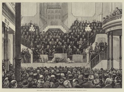 De staat van Ierland, de vergadering van de landeigenaren in het tentoonstellingsgebouw, Dublin door English School