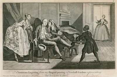 Het stelen van een kus: Een humoristische gravure naar een origineel schilderij in Vauxhall Gardens, Londen door English School