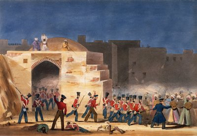 De bestorming van Ghuznee, binnenaanzicht van de poort in 1839, Eerste Anglo-Afghaanse Oorlog door English School