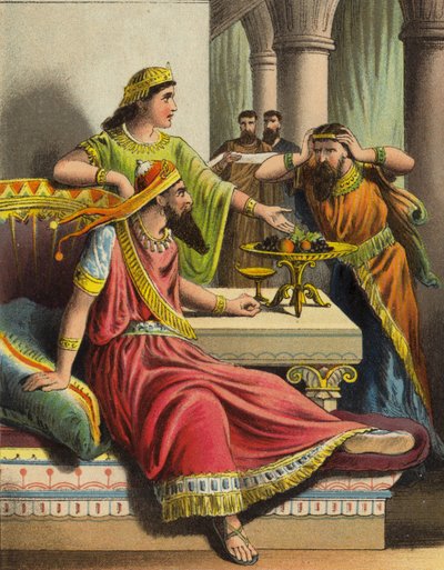 Het verhaal van koningin Esther: Esther beschuldigt Haman (kleur litho) door English School