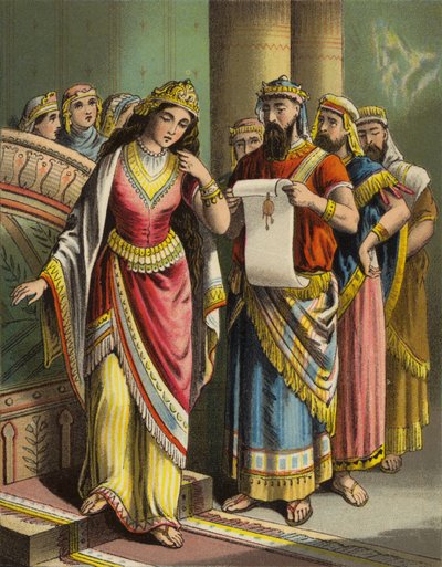 Het verhaal van koningin Esther: De schande van Vashti (kleur litho) door English School