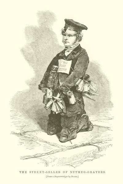 De straatverkoper van nootmuskaatkraters (gravure) door English School