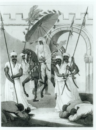 De sultan van Marokko komt naar buiten om audiëntie te geven, uit Reizen door Frankrijk en Spanje naar Marokko door Maurice Keatinge, gepubliceerd 1817 door English School