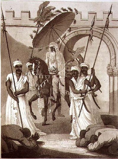 De sultan van Marokko komt naar buiten om audiëntie te geven, uitgegeven door Henry Colburn door English School
