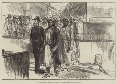 De sultan van Zanzibar landt bij Westminster Palace Stairs (gravure) door English School