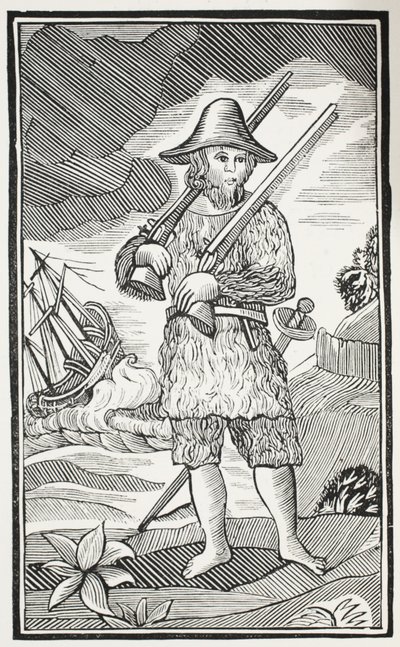 Het verrassende leven en de meest vreemde avonturen van Robinson Crusoe uit de stad York, zeeman, illustratie uit Chap-books van de achttiende eeuw door John Ashton, uitgegeven 1882 door English School