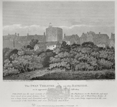Het Zwanentheater aan de Bankside zoals het verscheen in 1614, gepubliceerd 1809 door English School