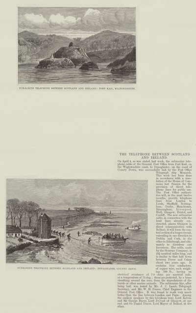 De telefoon tussen Schotland en Ierland (gravure) door English School