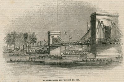 De Thames Regatta, boten op het punt om onder Hammersmith Bridge door te varen door English School