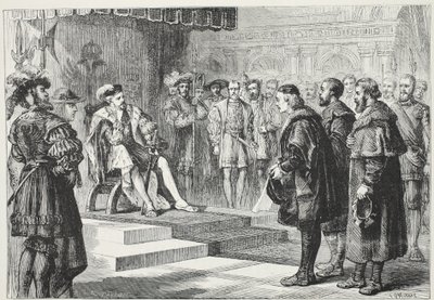 De drie protestantse ambassadeurs voor keizer Karel, illustratie uit De Geschiedenis van het Protestantisme door James Aitken Wylie, 1878 door English School