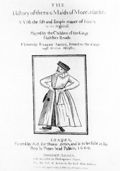 De titelpagina van Robert Armins The History of the Two Maids of More-clacke, 1609 door English School