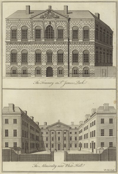 De schatkist in St Jamess Park en het admiraliteit nabij Whitehall, Westminster door English School