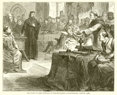 Het proces van John Wycliffe in het klooster van Blackfriars, Londen, 1382 door English School