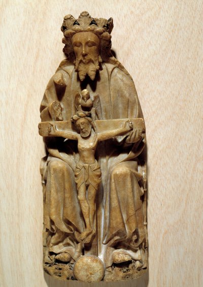 De Drie-eenheid God verleidt zijn zoon Jezus aan het kruis. Beeldhouwwerk in albast van de Engelse School. 15e eeuw Parijs, Nationaal Museum van de Middeleeuwen, Thermen van Cluny door English School