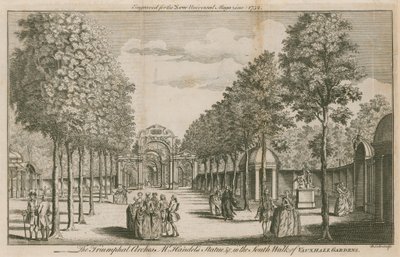 De Triomfbogen, Mr Handels Standbeeld, in de Zuidelijke Wandelgang van Vauxhall Gardens, Londen door English School