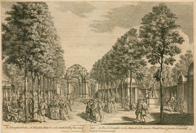 De Triomfbogen, Mr Handels Standbeeld, in de Zuidelijke Wandelgang van Vauxhall-tuinen, Londen door English School