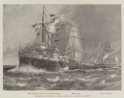 De problemen in Nicaragua, het squadron van admiraal Stephenson in Corinto (gravure) door English School