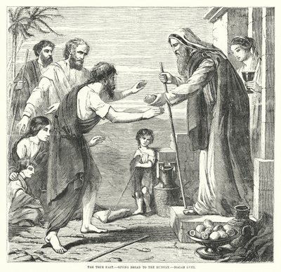 Het ware vasten, brood geven aan de hongerigen, Jesaja LVIII (gravure) door English School