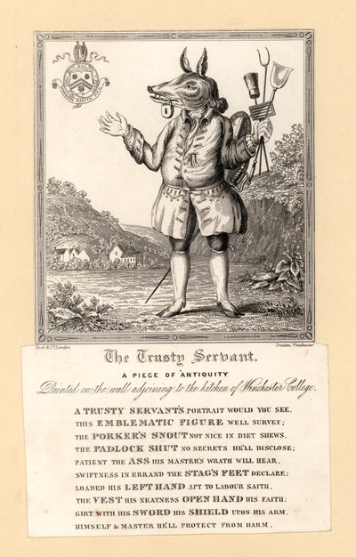 De Trusty Servant, schilderij van 1579 door Engelse dichter John Hoskins op de muur naast de keuken van Winchester College, Hampshire (gravure) door English School