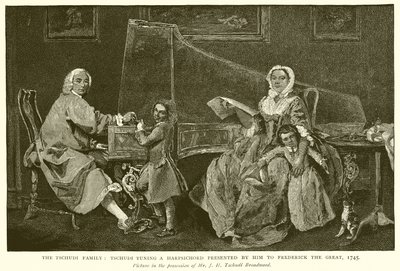 De familie Tschudi: Tschudi stemt een door hem aan Frederik de Grote gepresenteerd instrument, 1745 door English School