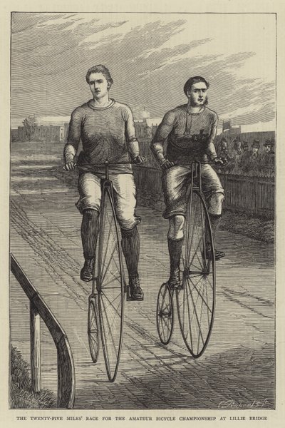 De vijfentwintig mijl race voor het amateurfiets kampioenschap in Lillie Bridge (gravure) door English School