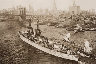 Het slagschip van de Verenigde Staten, Texas, vertrekt uit de haven van New York, illustratie uit 