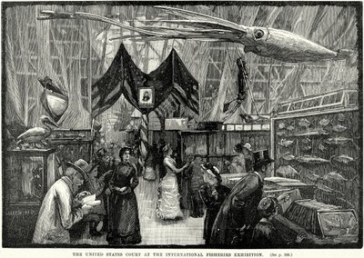 Het gerechtshof van de Verenigde Staten op de Internationale Visserij Tentoonstelling (gravure) door English School