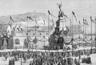 De Onthulling van het Monument voor de Vrede, Barcelona, Spanje (gravure) door English School