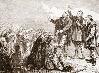 De Waldenzen leggen hun eed af, illustratie uit De Geschiedenis van het Protestantisme door James Aitken Wylie, gepubliceerd in 1878 door English School