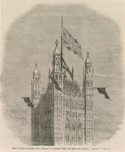 De Victoria Tower, nieuw Palace of Westminster, op de dag van Sir C Barnets begrafenis door English School