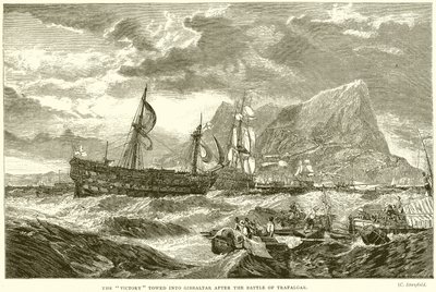 De Victory gesleept naar Gibraltar na de Slag bij Trafalgar door English School