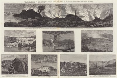 De vulkaanuitbarsting van Mount Tarawera, in het warmwaterbronnengebied van Nieuw-Zeeland, vernietiging van het dorp Wairoa door English School