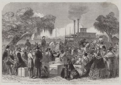 De Oorlog in Amerika, Aankomst van een Federale Stoomboot met Vredesvlag in Madisonville, Lake Portchartrain (gravure) door English School