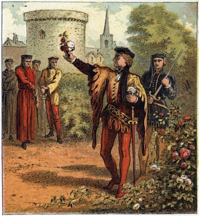 De Oorlog van de Twee Rozen (1455-1485): het begin van het conflict. Een heer van het Koninklijk Huis van York plukt een witte roos en een andere van het Koninklijk Huis van Lancaster plukt een rode roos. Illustratie van de Engelse Burgeroorlog ontstaan do door English School