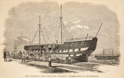 De Warrior hulk met het Sulphur waschip in de verte, illustratie uit The Criminal Prisons of London and Scenes from Prison Life door Henry Mayhew en John Binny, uitgegeven in 1862 door English School