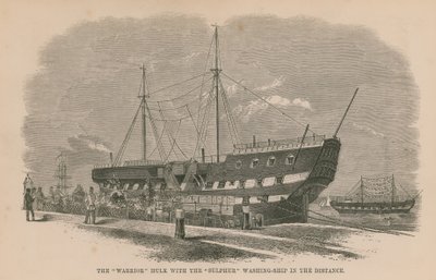 De Warrior hulk met het Sulphur wasschip in de verte door English School