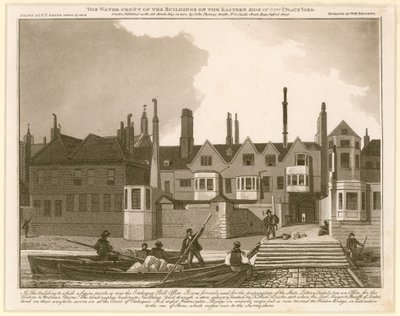 De waterkant van de gebouwen aan de oostkant van New Palace Yard door English School