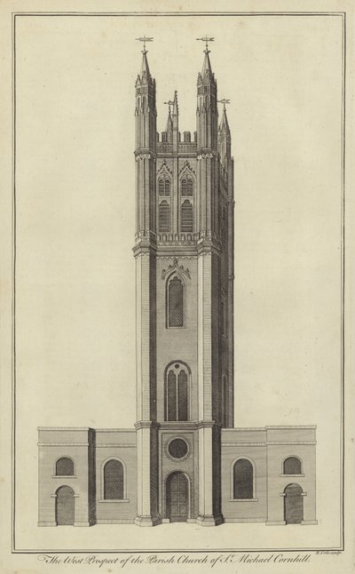 Het westelijke aanzicht van de parochiekerk van St Michael, Cornhill, Londen door English School