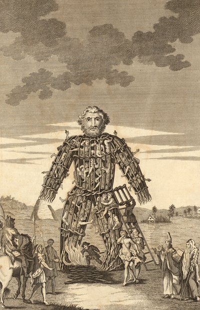 De Wicker Man van de Druïden, uit The Complete English Traveller, of een nieuwe enquête en beschrijving van Engeland en Wales, pub. 1771 door English School