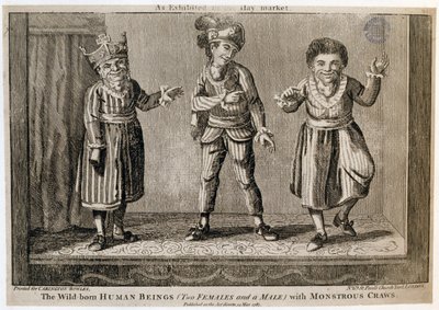 De Wildgeboren Mensen (Twee Vrouwen en een Man) met Monsterlijke Kelen, zoals Tentoonstelling in de Haymarket, gedrukt voor Carington Bowles, 1787 door English School