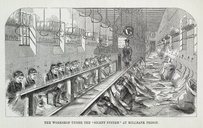 De Werkplaats onder het Stille Systeem in de Millbank Gevangenis, uit The Criminal Prisons of London and Scenes of Prison Life door Henry Mayhew (1812-87) en John Binny, 1862 door English School