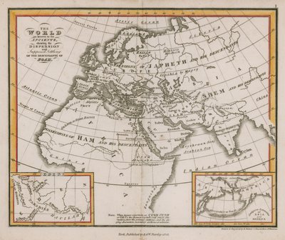De wereld zoals bekend bij de ouden, met de verspreiding en veronderstelde vestiging van de nakomelingen van Noach door English School