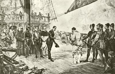 De admiraal van de Spaanse Armada geeft zich over aan Drake (gravure) door English School