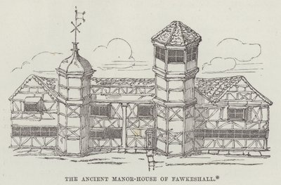 Het oude landhuis van Fawkeshall (gravure) door English School